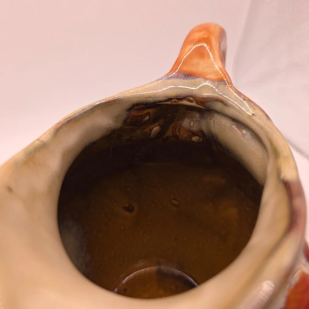 Vintage Studio Pottery Glazed Stoneware Maple Leaf Pitcher Branch Handle 5.5